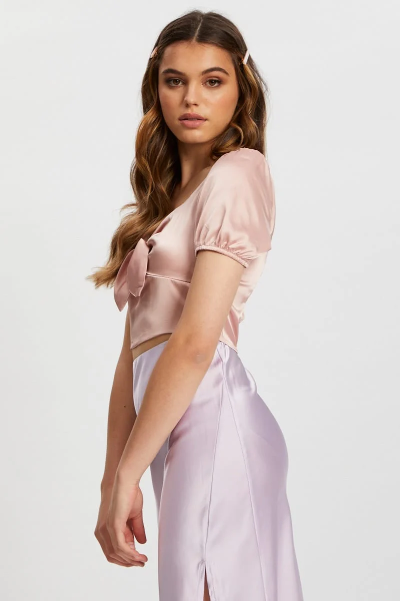 Pink Satin Puff Sleeve Crop Top