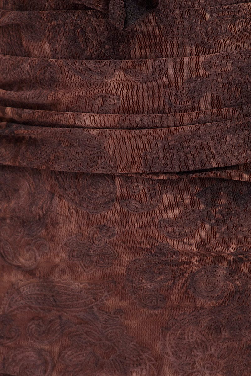 Brown Paisley Mesh Mini Dress V Ruffle Neck Burnt Out Paisley