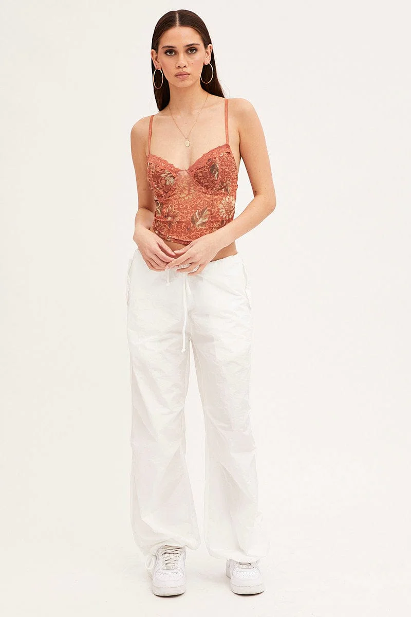Brown Floral Print Mesh Corset Top
