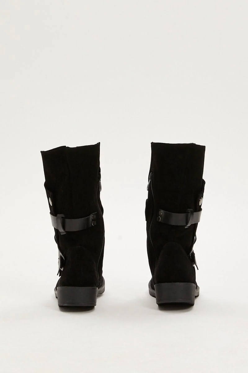 Black Buckle Detail Slouch Boots