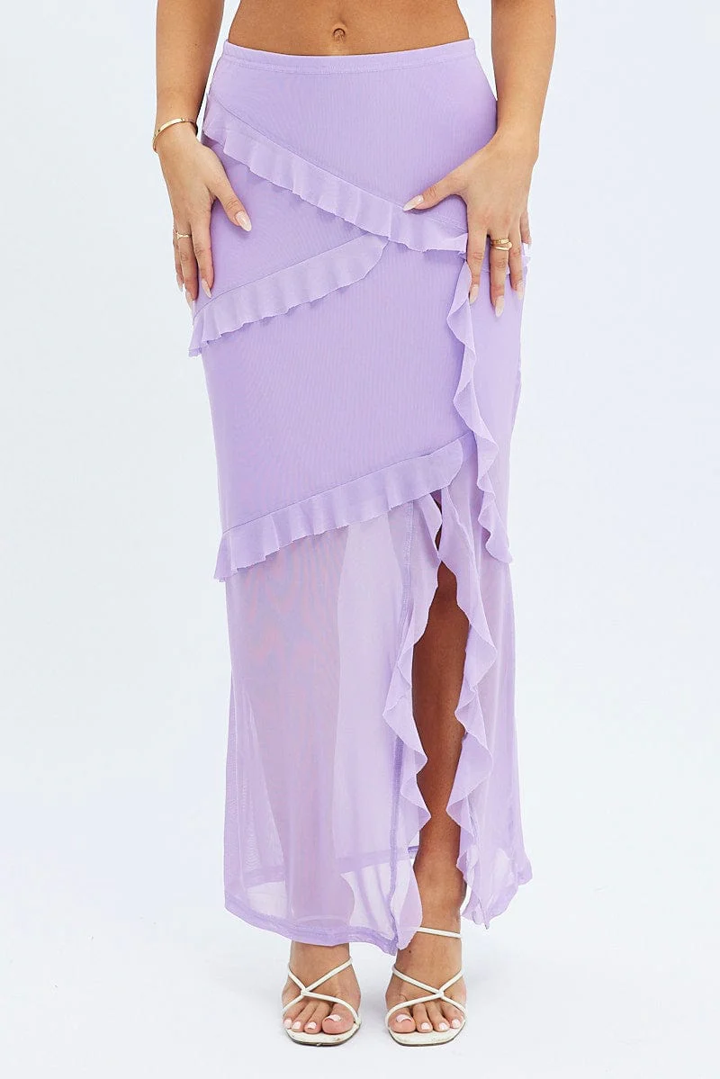 Purple Maxi Skirt Ruffle Detail Mesh