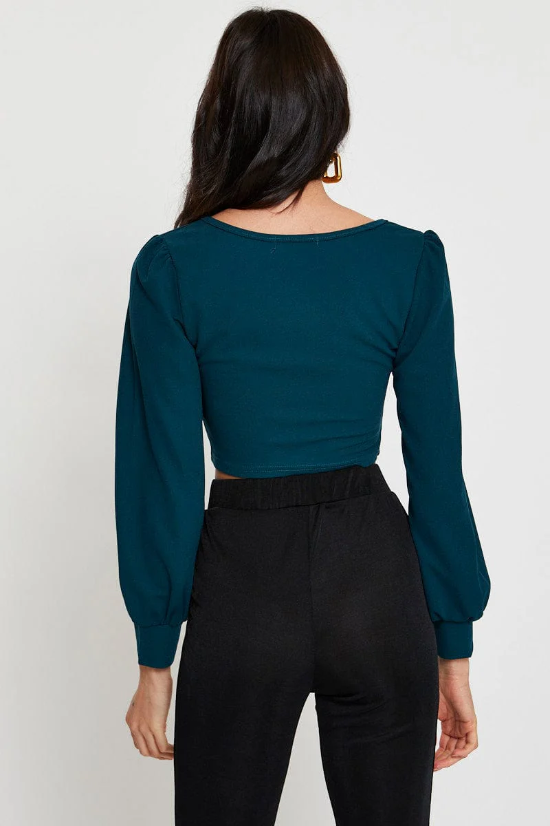 Green Crop Top Long Sleeve Sweetheart
