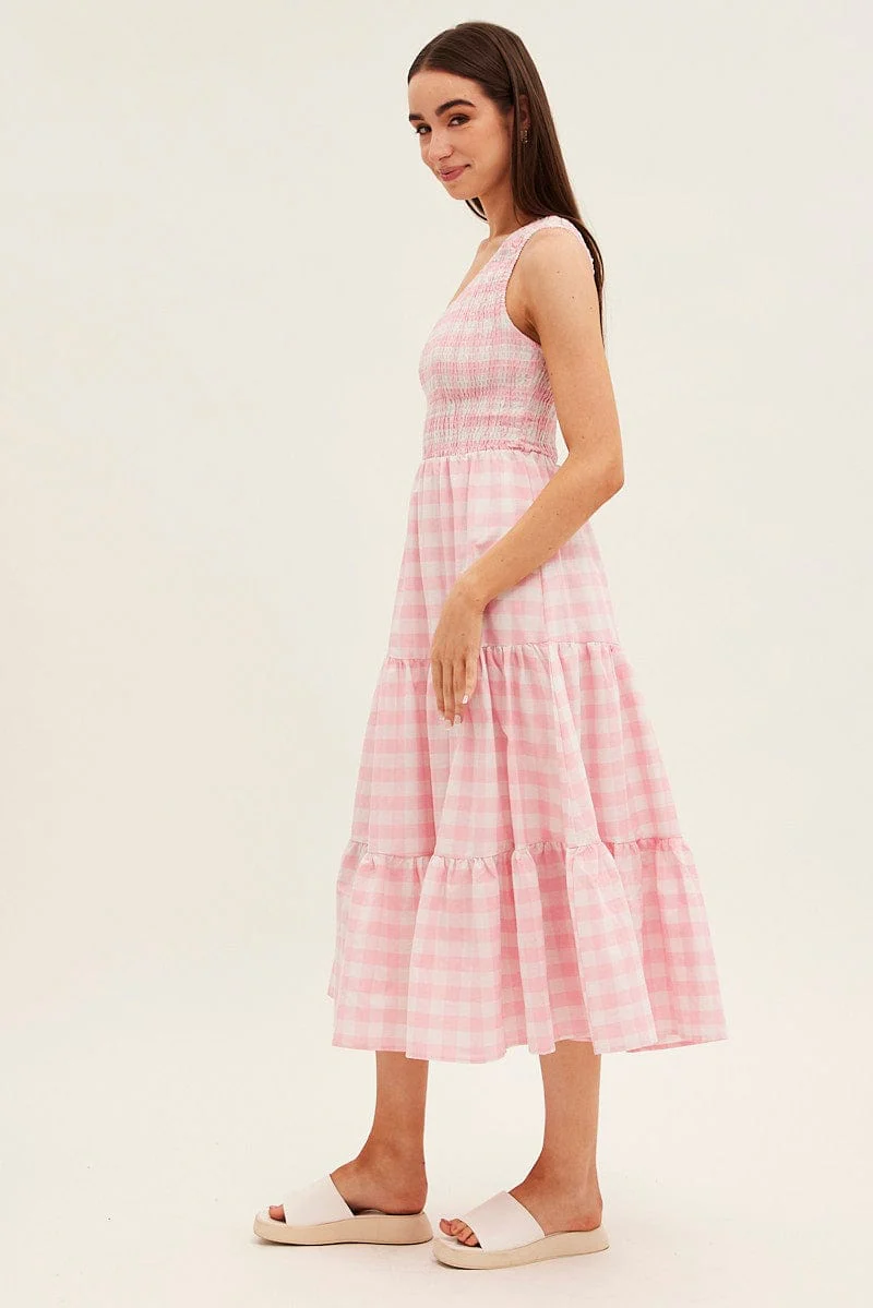 Pink Check Midi Dress One Shoulder Shirred Body