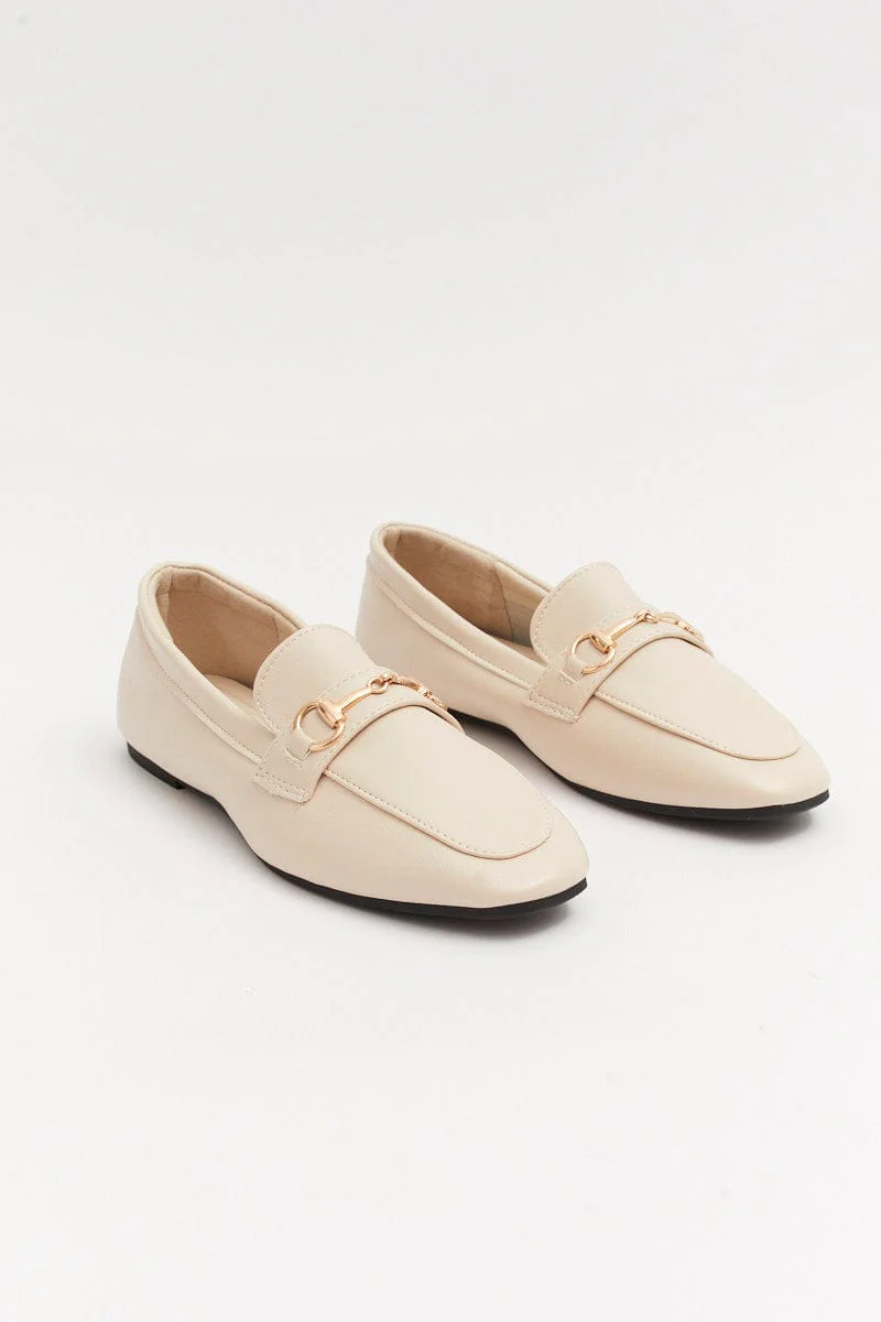 White Flat Loafers With Buckle
