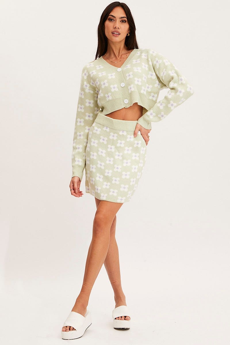 Print Knit Cardigan Long Sleeve Crop Floral