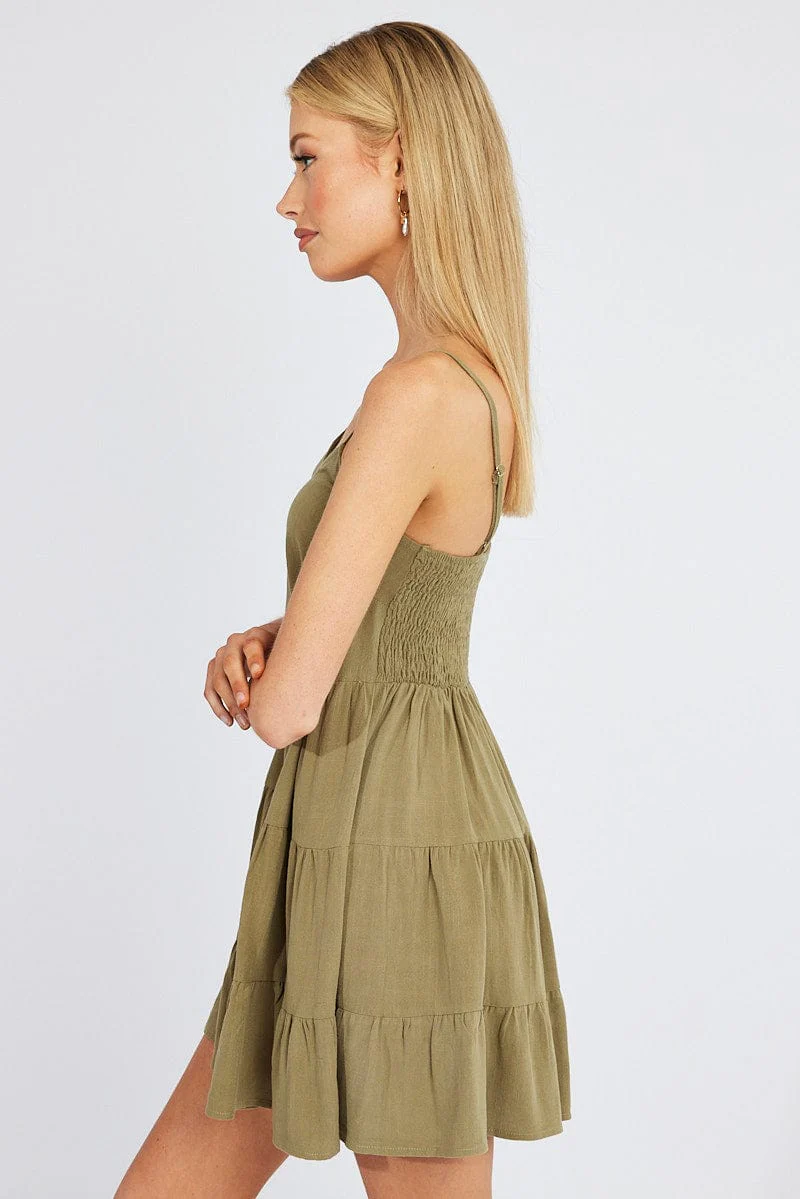 Green Fit and Flare Dress Sleeveless Tiered