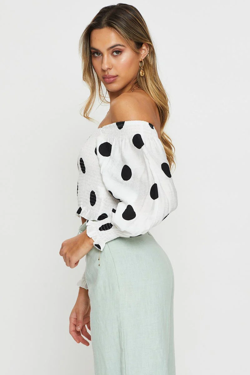 Polka Dot Crop Top Long Sleeve Off Shoulder