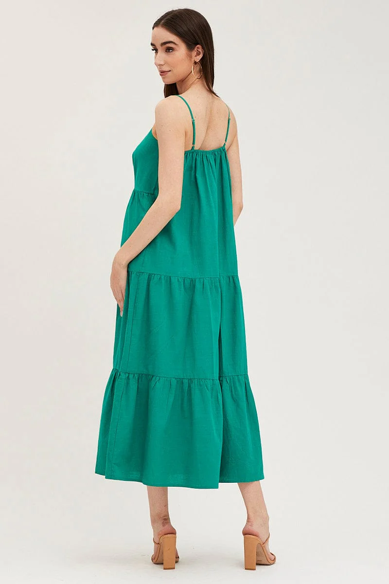 Green Maxi Dress Sleeveless Square Neck