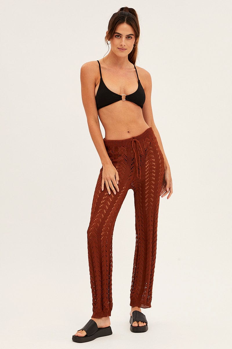 Brown Crochet Knit Pants Beachwear