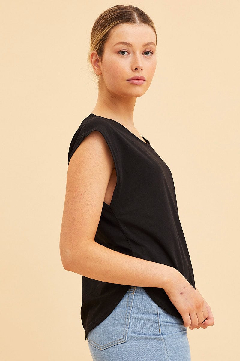 Black Relaxed T-Shirt Drop Shoulder Curved Hem Crew Neck