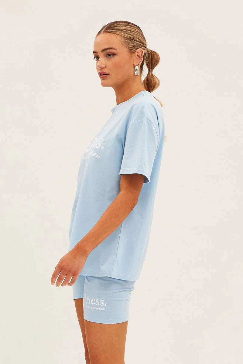 Blue Embroided T And Biker Shorts Set