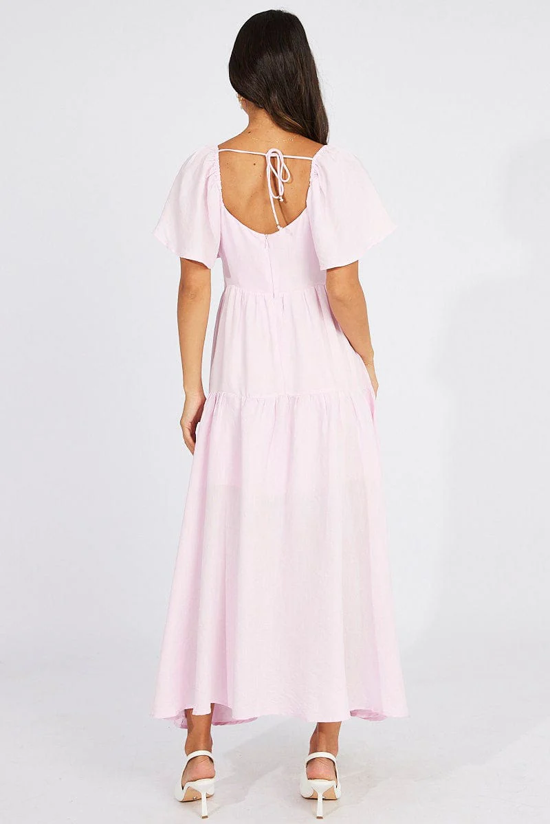 Pink Maxi Dress Square Neck Tiered