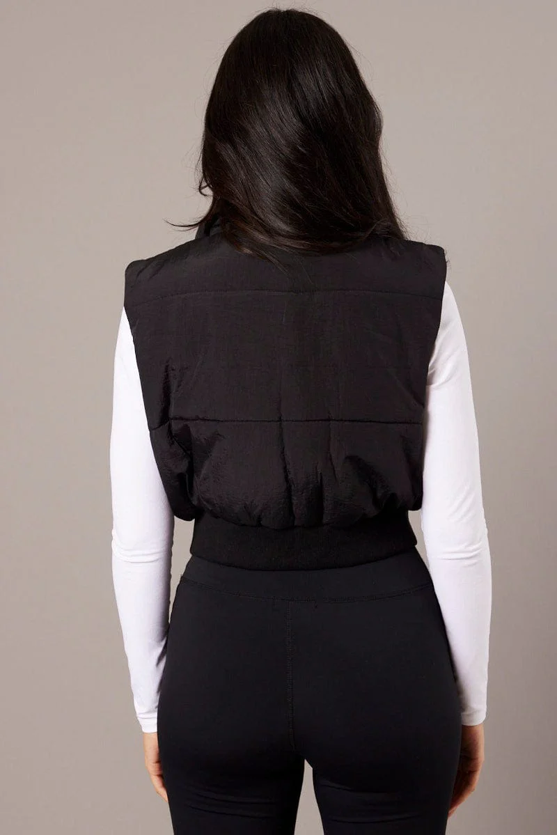 Black Short Puffer Jacket Sleeveless with Pockets