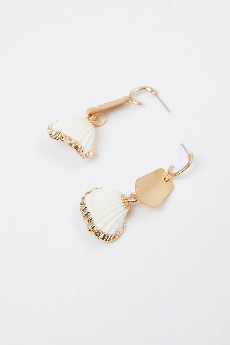 Gold Shell Drop Hoop Earrings