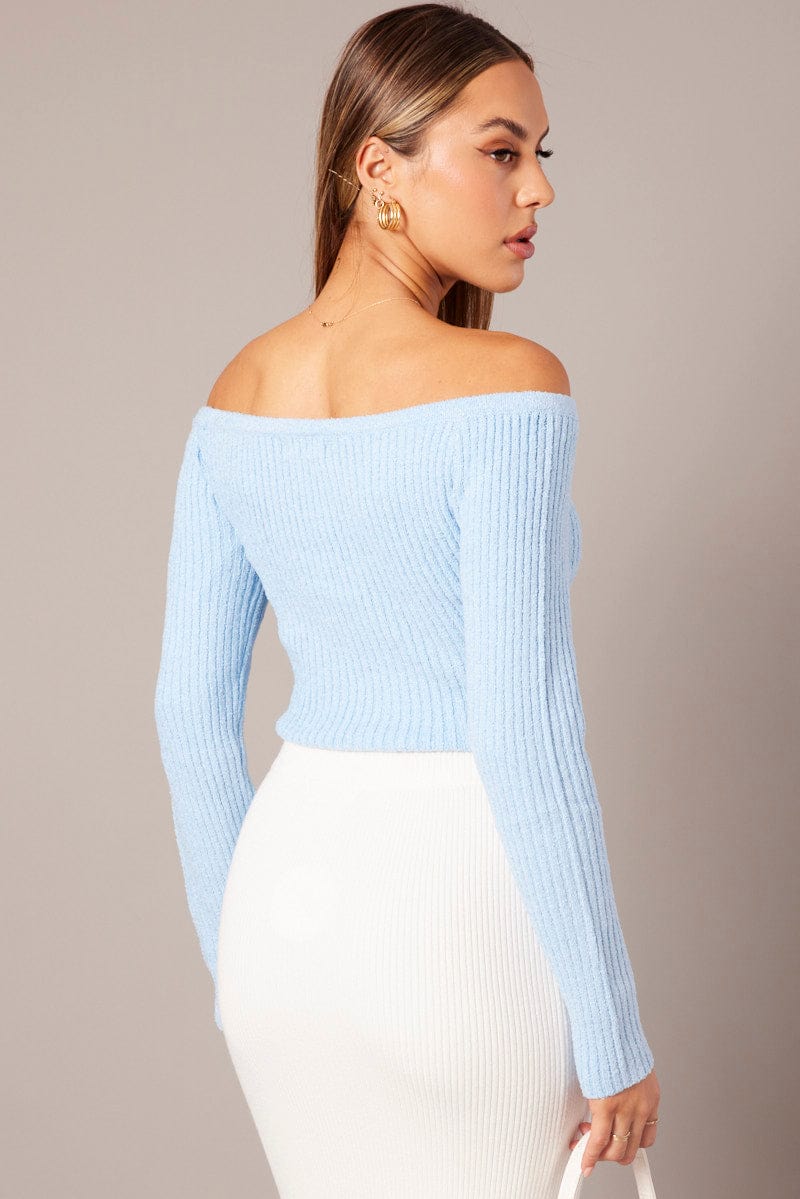 Blue Knit Top Long Sleeve Off Shoulder