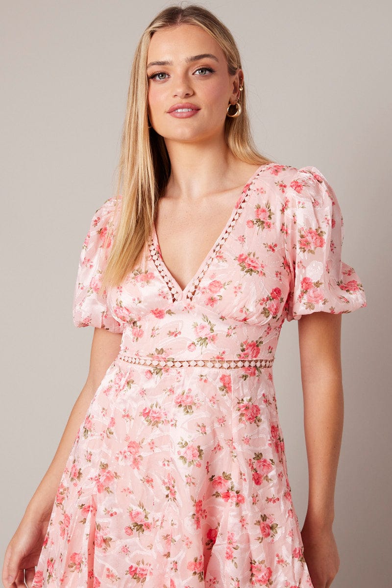 Pink Floral Fit And Flare Dress Puff Sleeve Mini