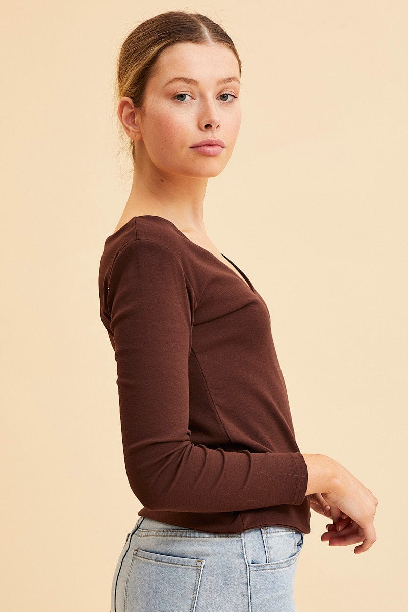 Brown V Neck Top Long Sleeve Cotton Stretch