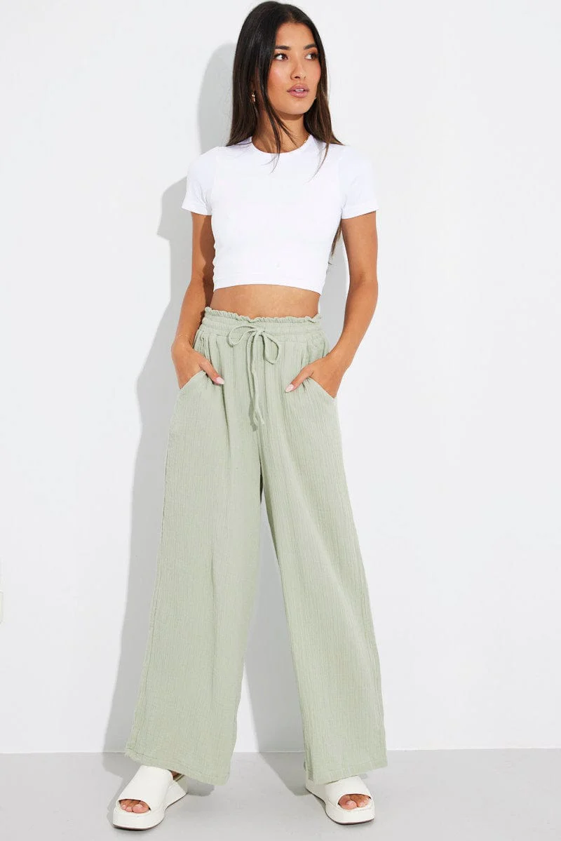 Green Wide Leg Pants High Rise