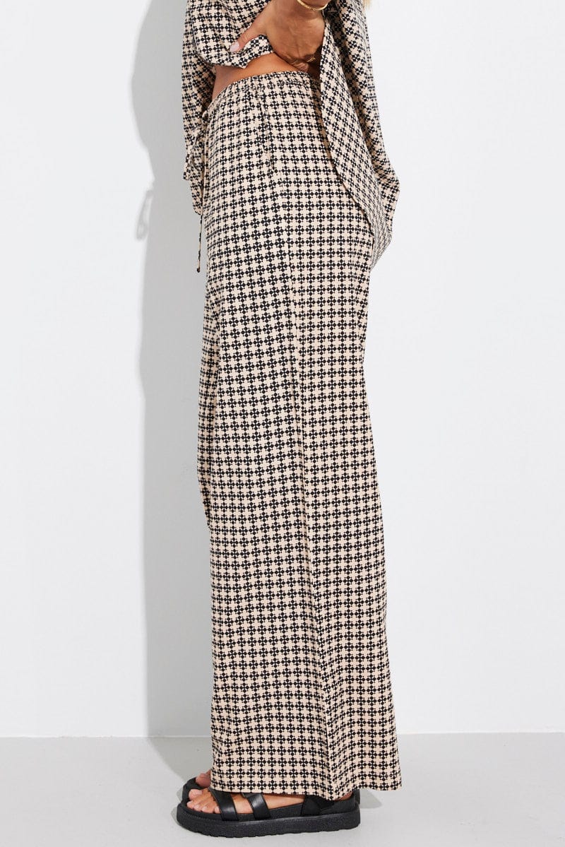 Brown Geo Wide Leg Pants Mid Rise