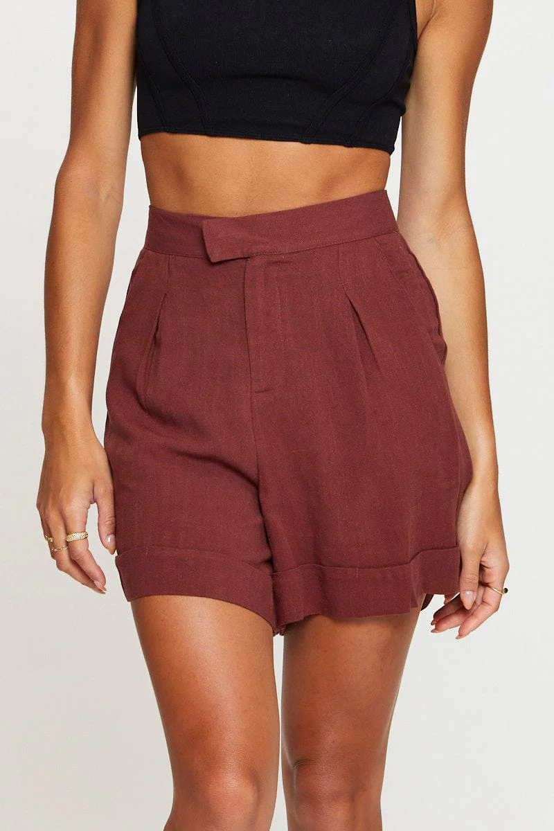 Brown Mini Shorts High Rise Linen Blend