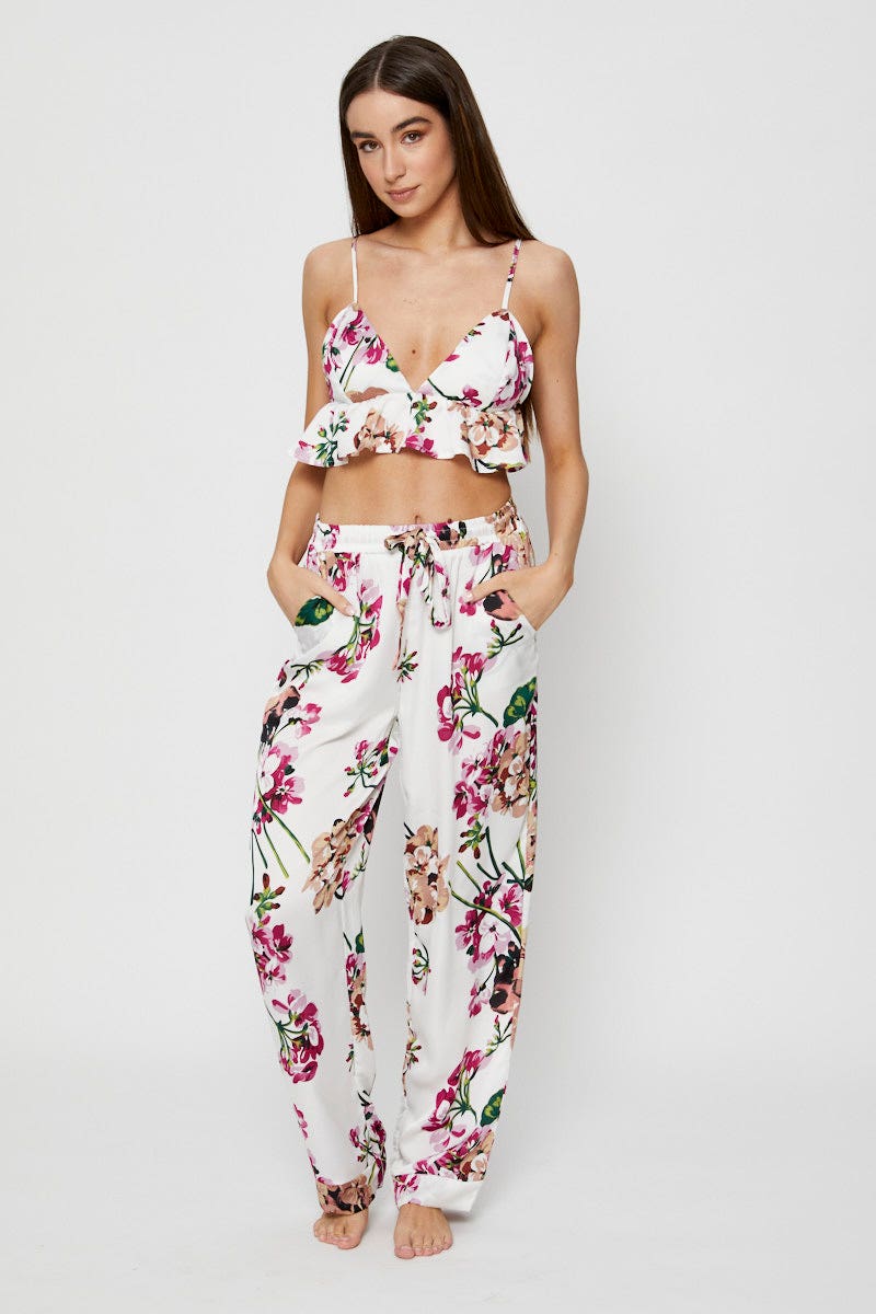 Print Bralette Pyjamas Set Satin