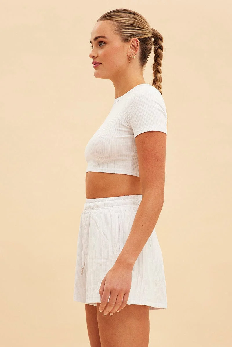 White Prea Rib Drawstring Short