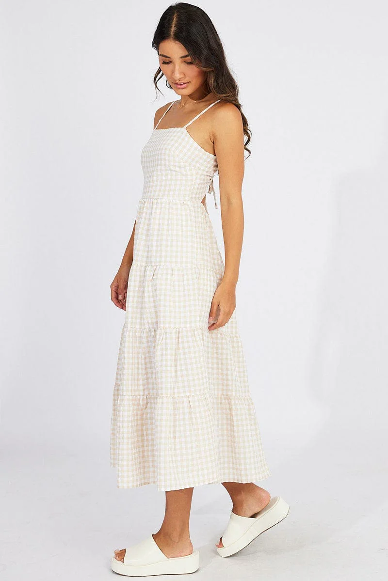 Beige Check Midi Dress Sleeveless Tie Back