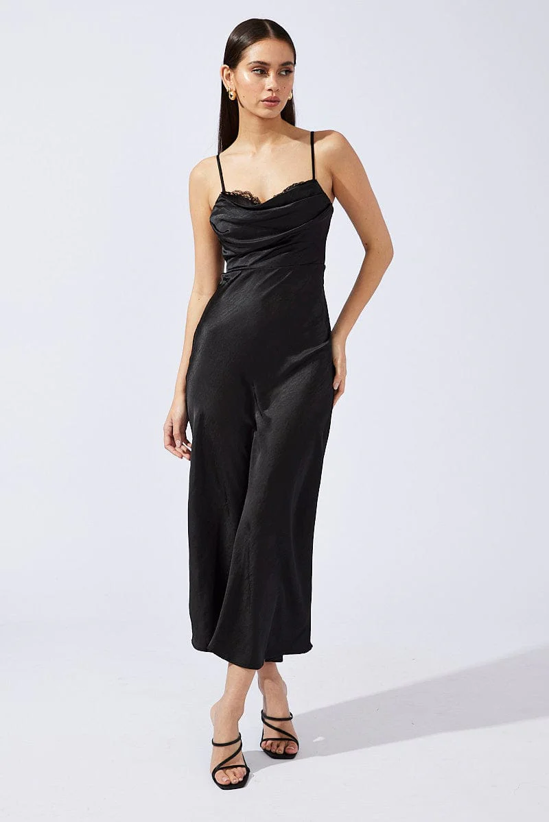 Black Midi Dress Sleeveless Cowl Neck Satin Slip Lace