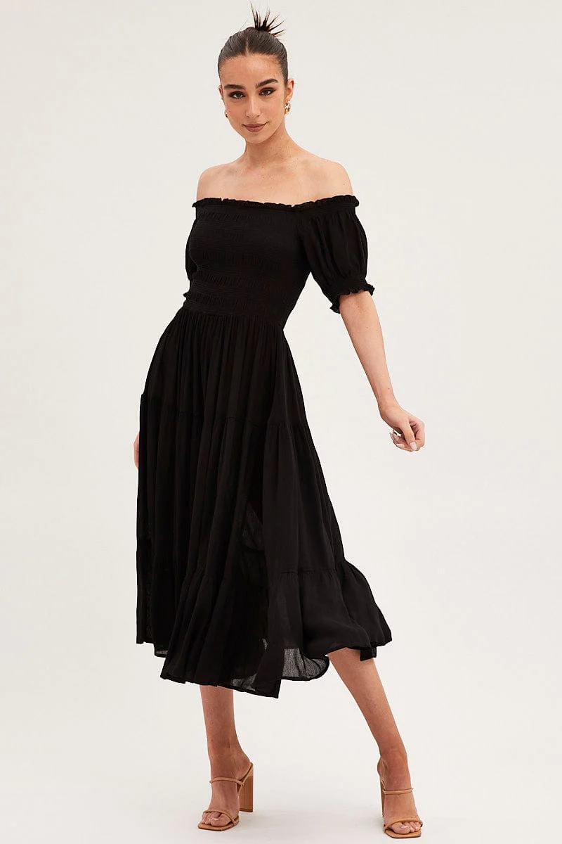 Black Maxi Dress Puff Sleeve Square Neck