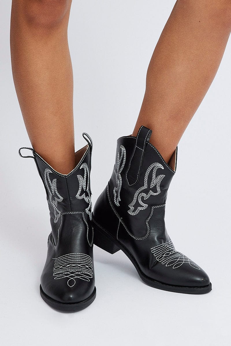 Black Western Embroidered Cowboy Ankle Boots