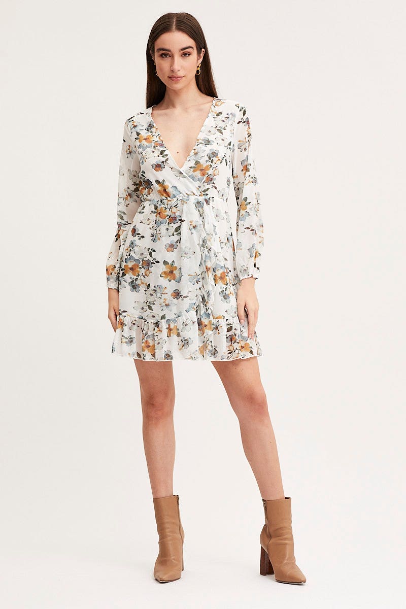 Print Mini Dress Long Sleeve V Neck