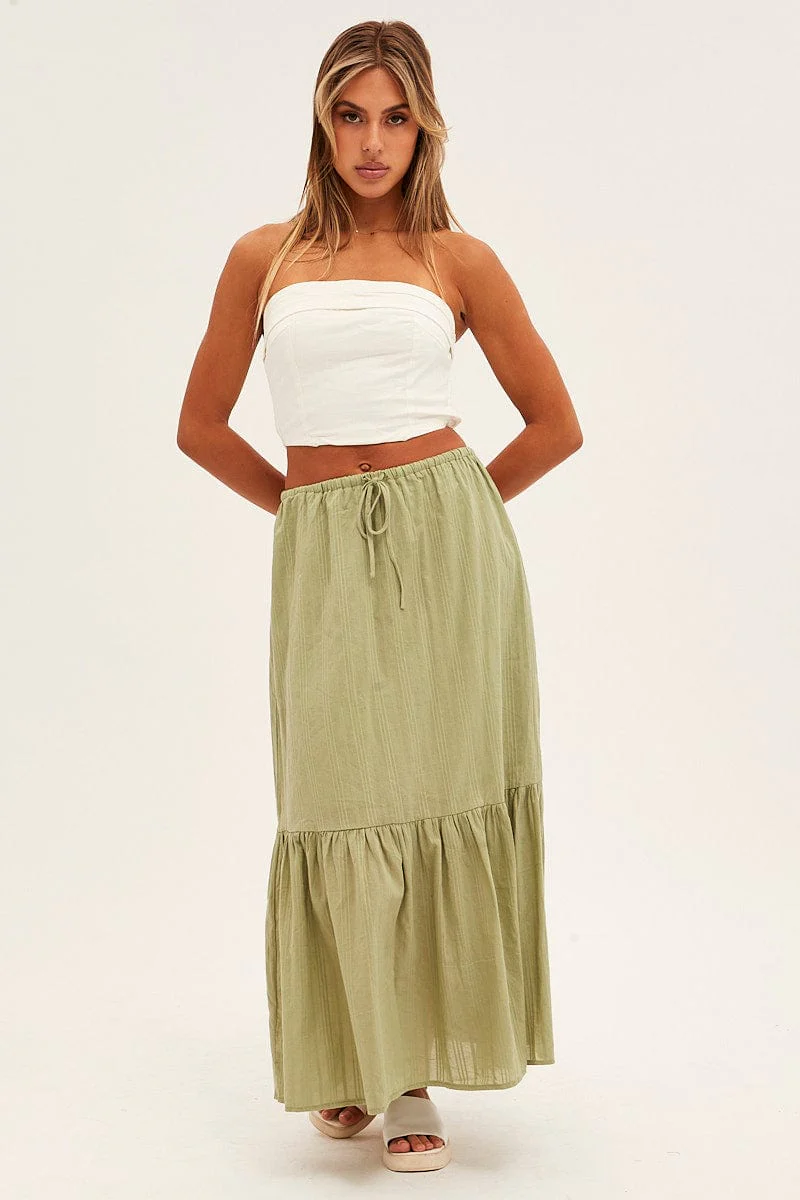 Green Midi Skirt Tiered Textured Thin Tie Waist