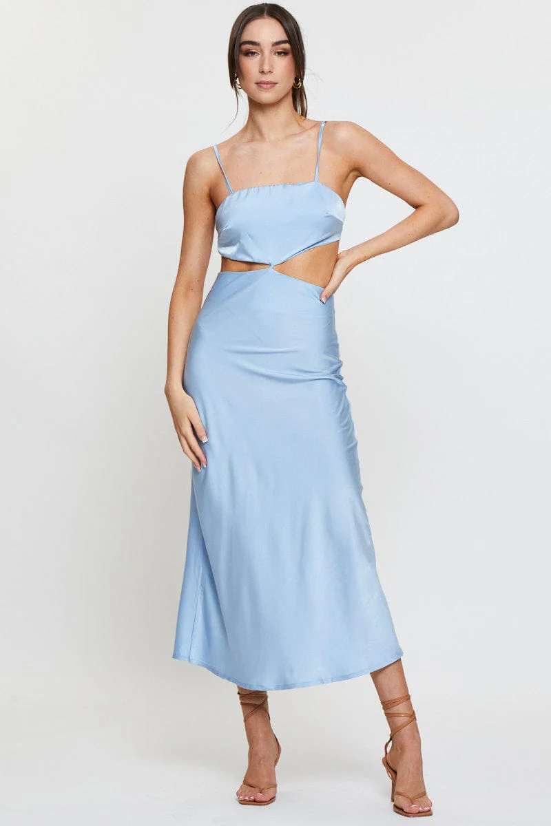 Blue Midi Dress Satin