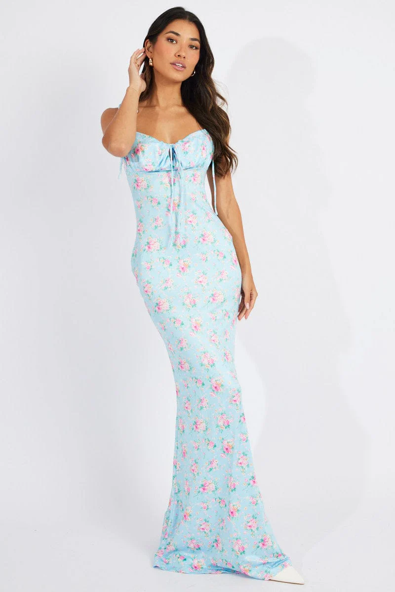 Blue Floral Ruched Bust Bodycon Maxi Dress