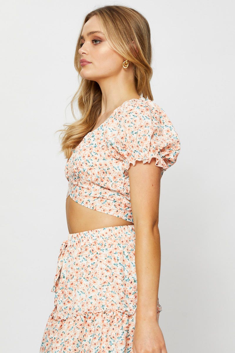 Print Crop Top Short Sleeve Off Shoulder