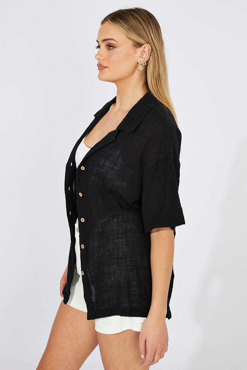 Black Shirt Short Sleeve Collared Neck