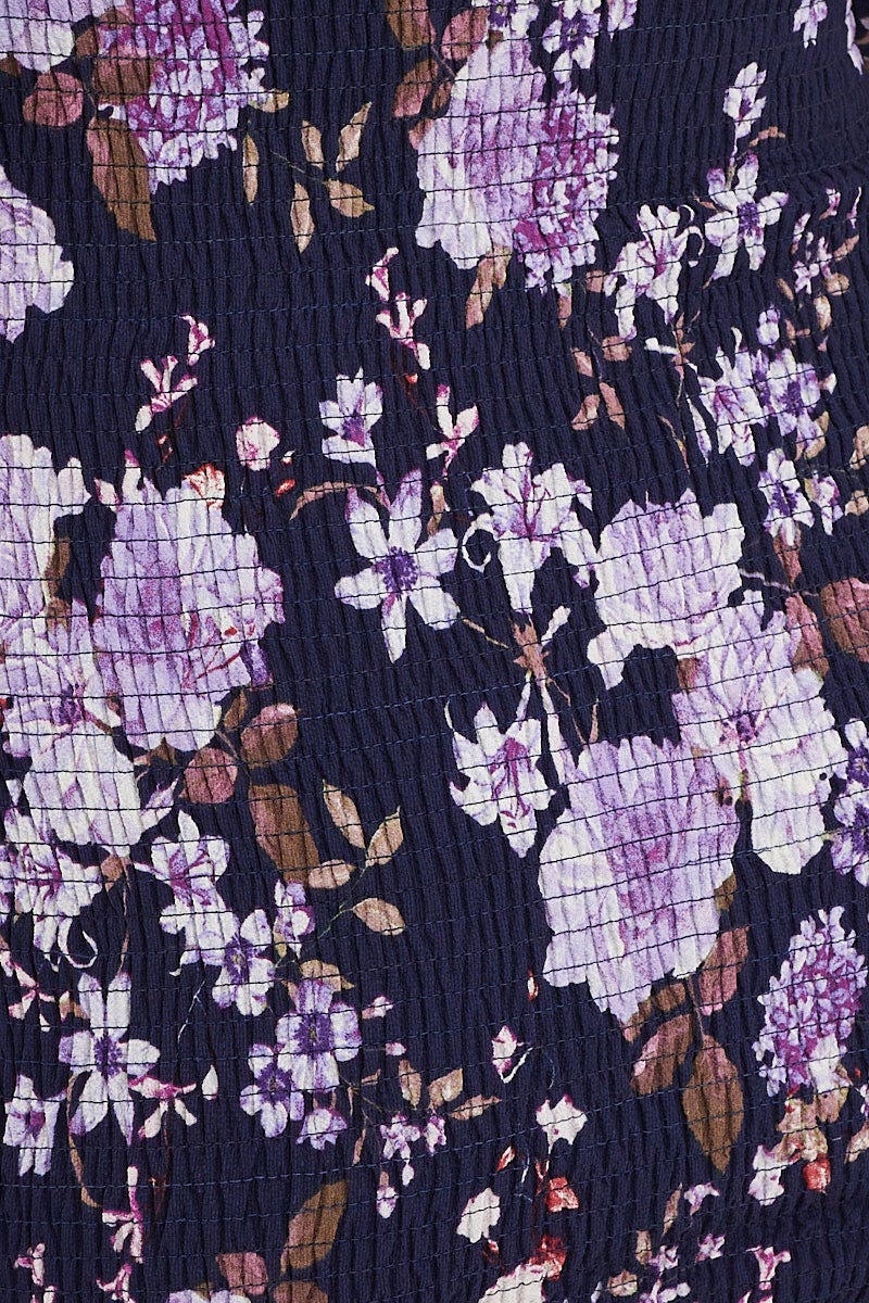 Print Shirred Dress Long Sleeve Mini