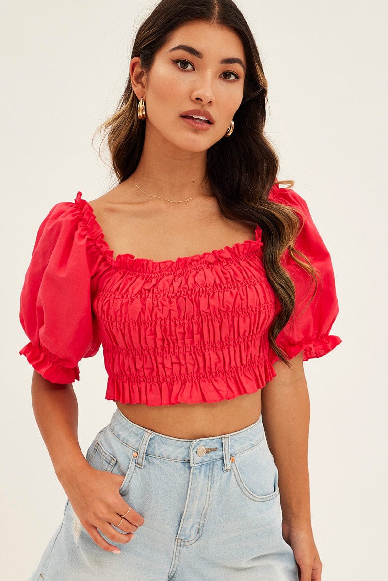 Red Crop Top Short Sleeve Square Neck Linen Blend