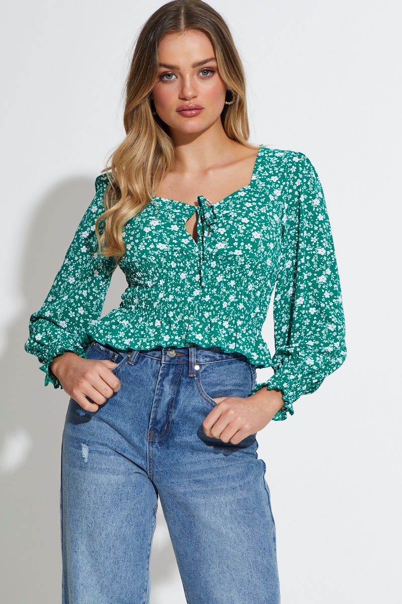 Print Peplum Top Long Sleeve