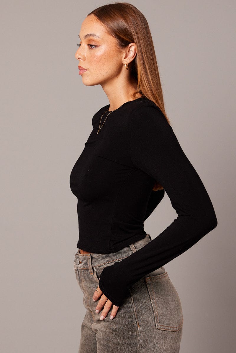 Black Top Long Sleeve Crew Neck Modal