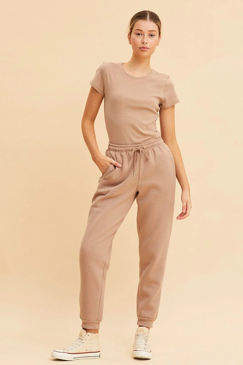 Beige Rib T-Shirt Crew Neck Short Sleeve