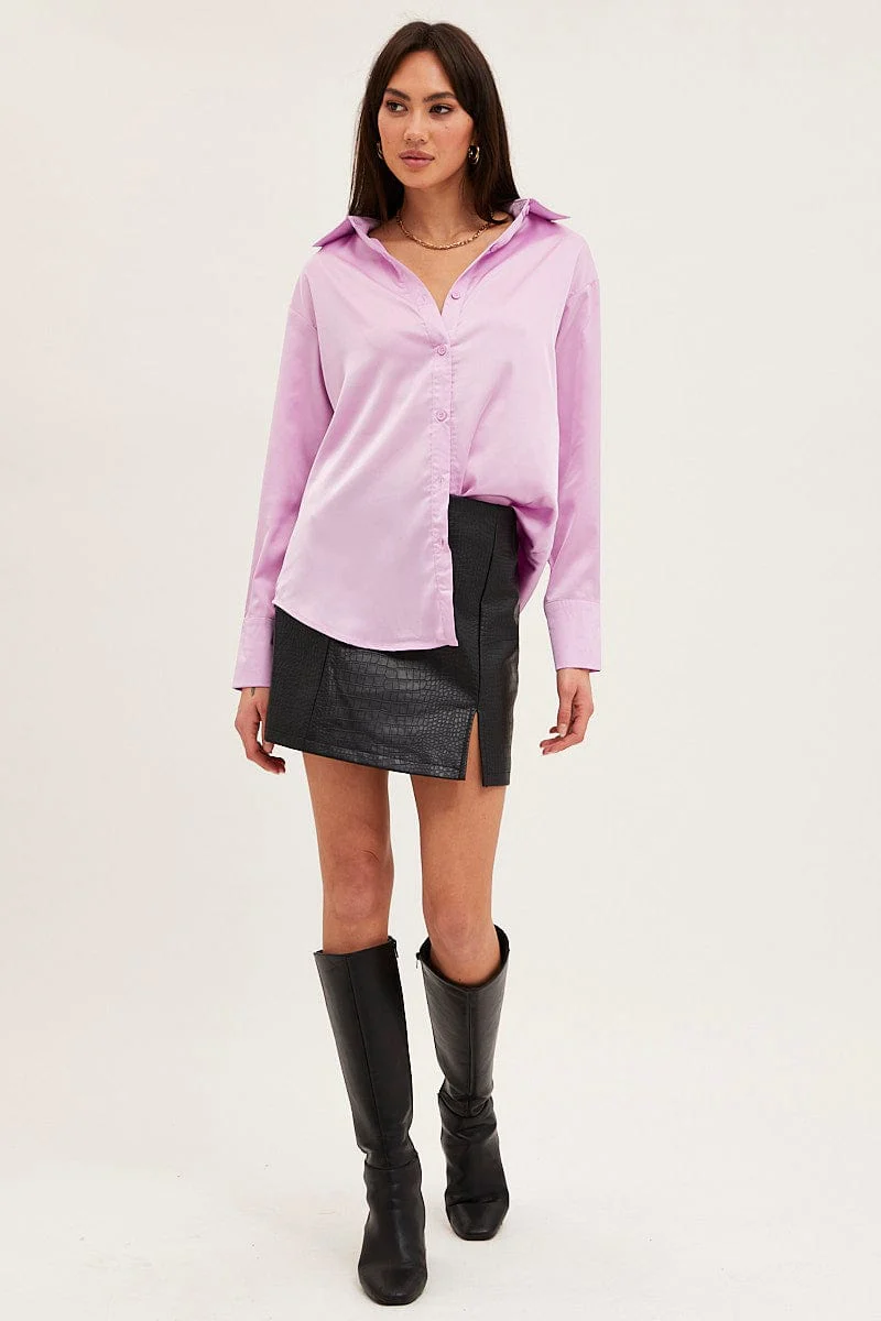Purple Shirt Top Long Sleeve Satin