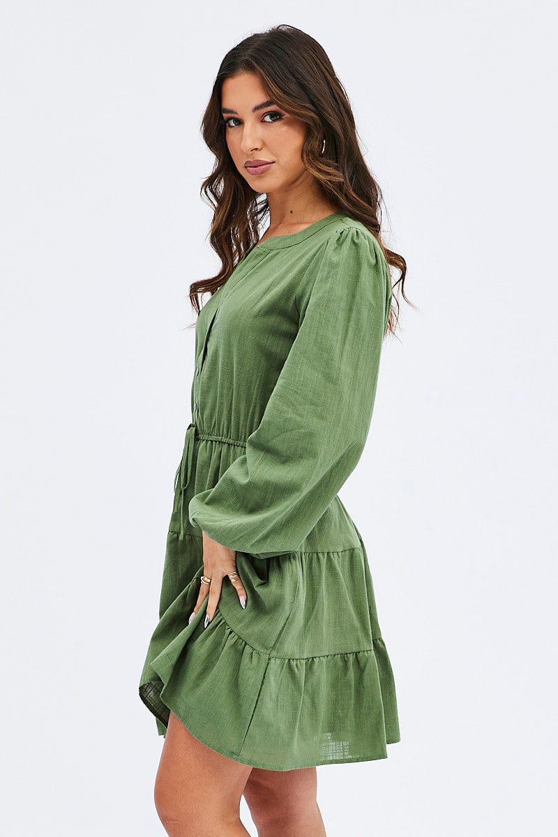 Green Shirt Dress Long Sleeve Tiered