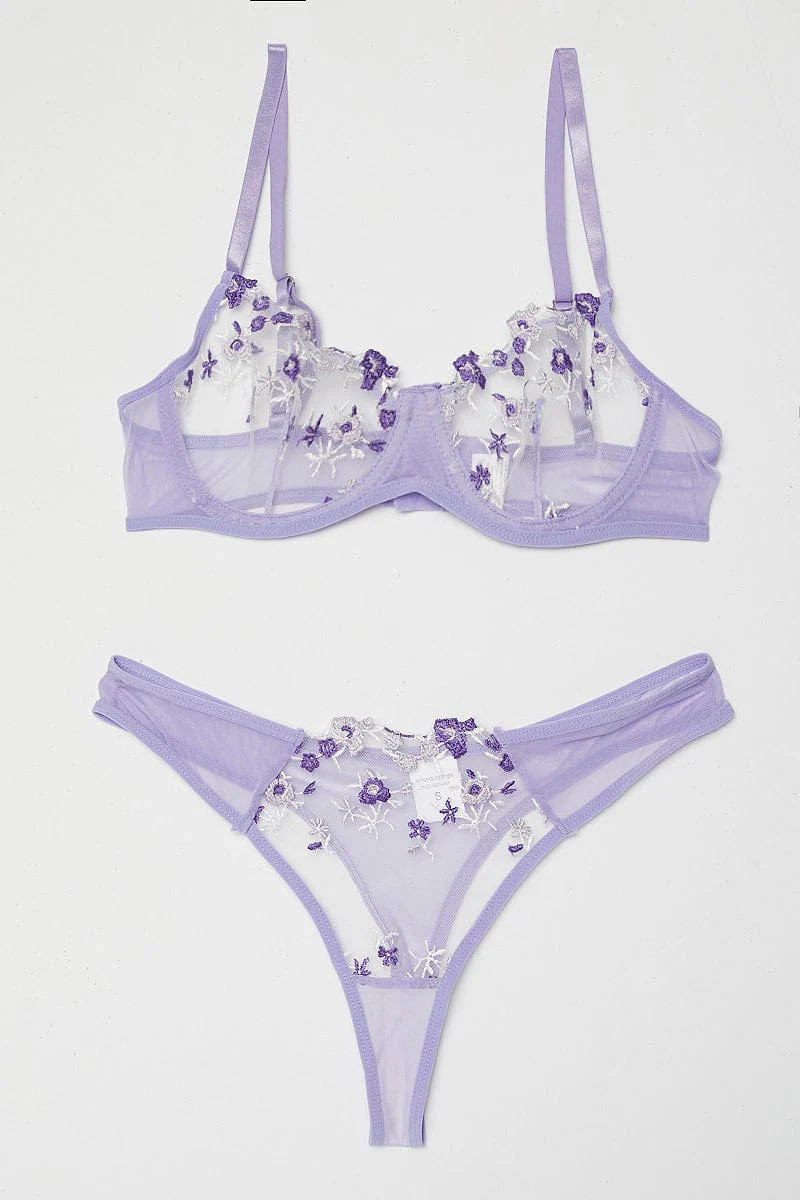 Purple Floral Embroidered Lingerie Set