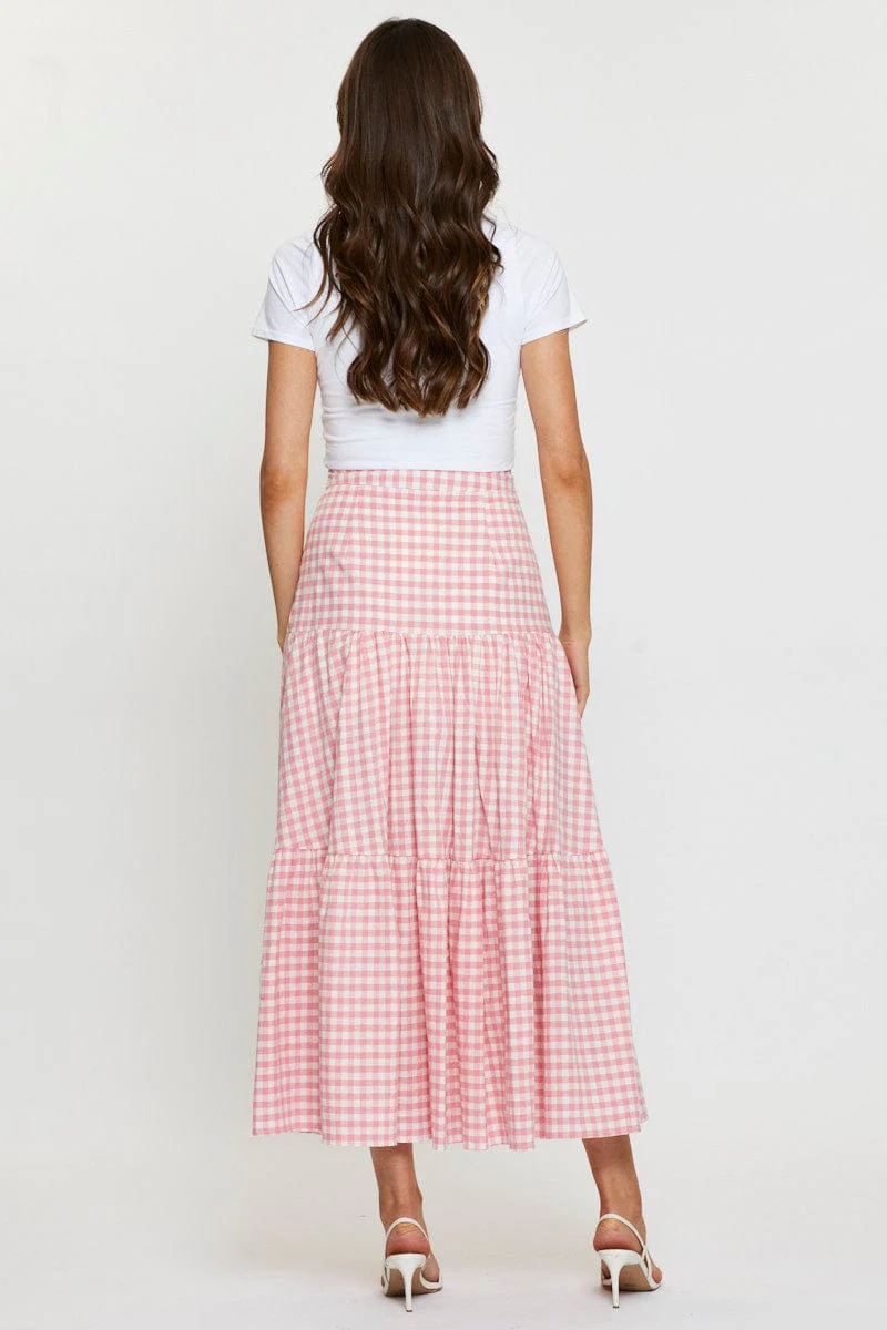 Check Elastic Waist Maxi Skirt