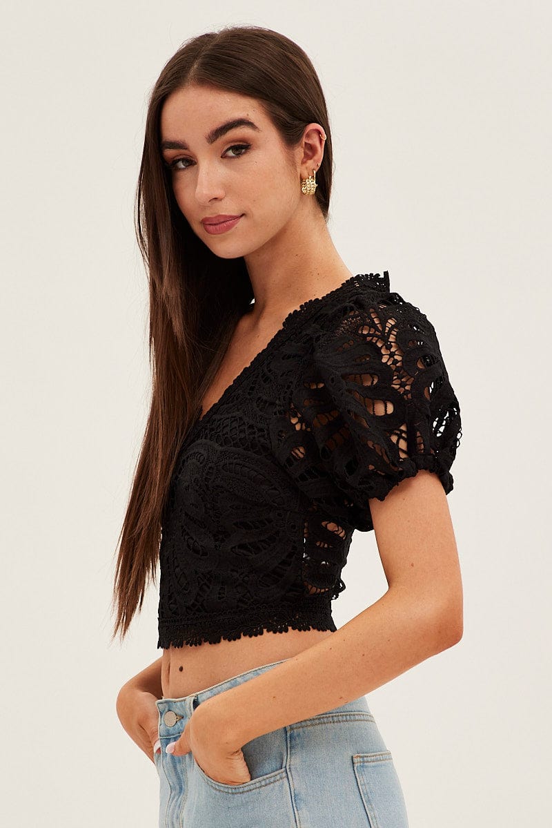 Black Lace Top Short Sleeve V Neck Crop