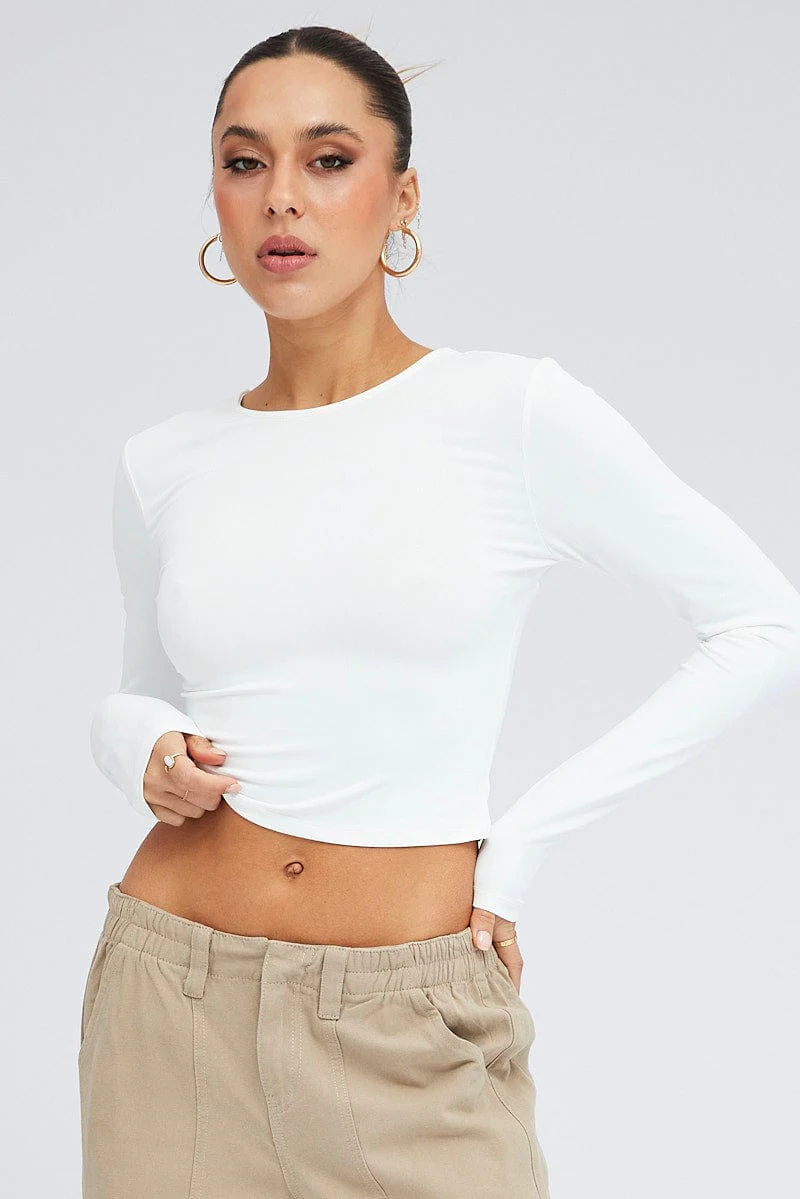 White Top Long Sleeve Round Neck Elastic Back Jersey