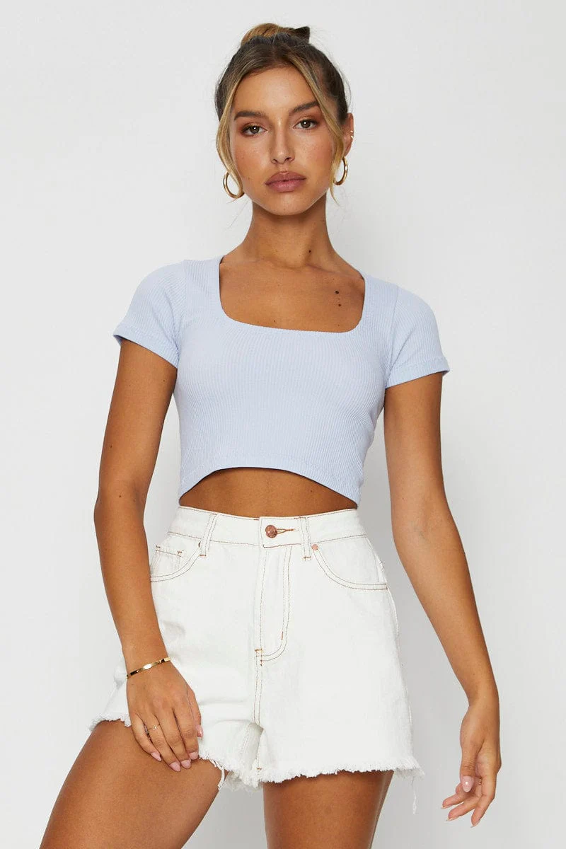 Blue Top Short Sleeve Round Neck Seamless