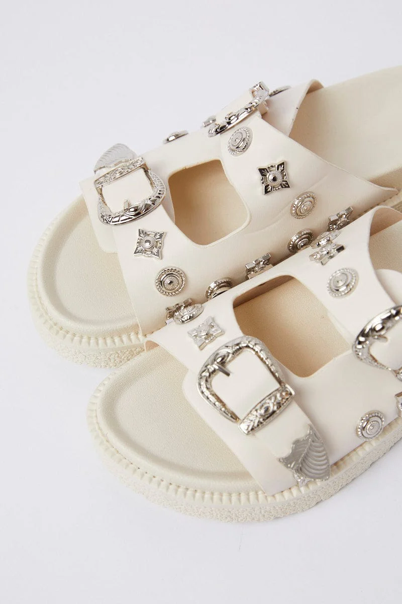 White Buckle Studded Western Footbed Sandal
