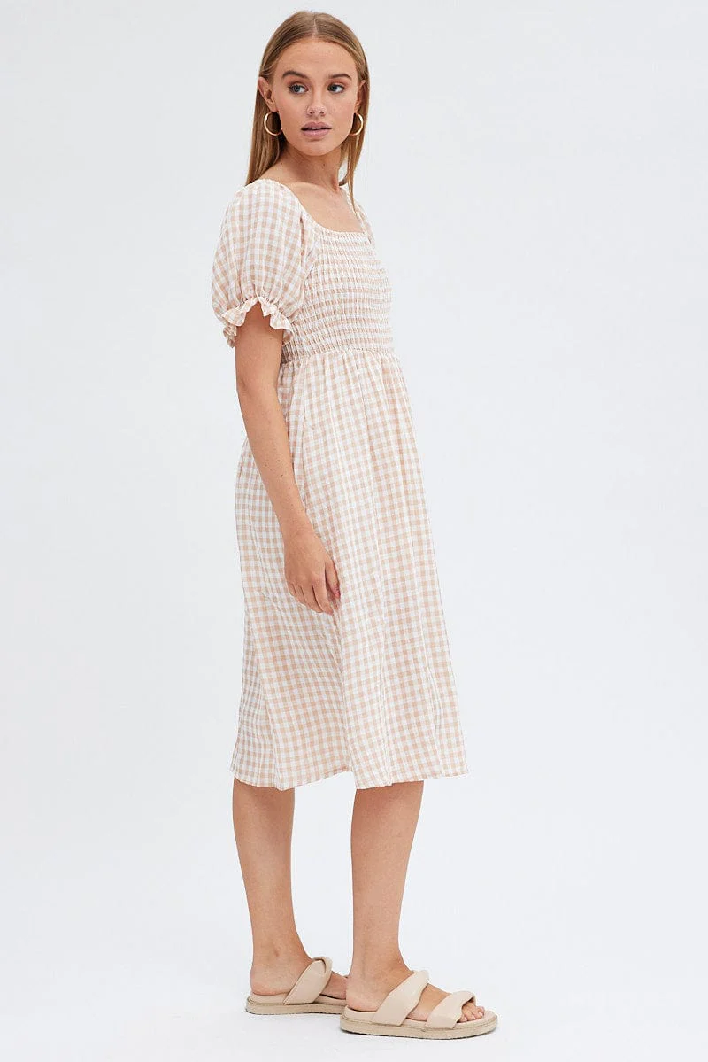 Check Mini Dress Short Sleeve Square Neck